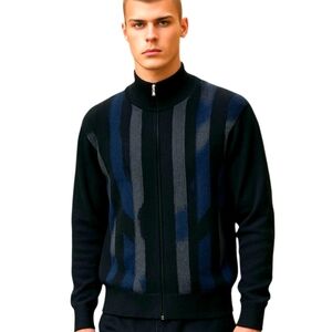 Vtg Cardigan Eclectic Grandpa navy black Zip Up vertical stripes textured  sz 2X